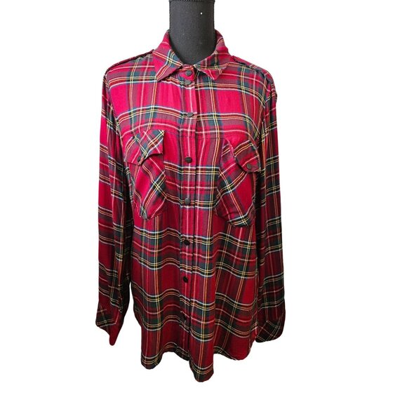 2/$35-Sanctuary Plaid Long Sleeve Snap Button Boyfriend Shirt Pockets - Women M - Picture 4 of 11